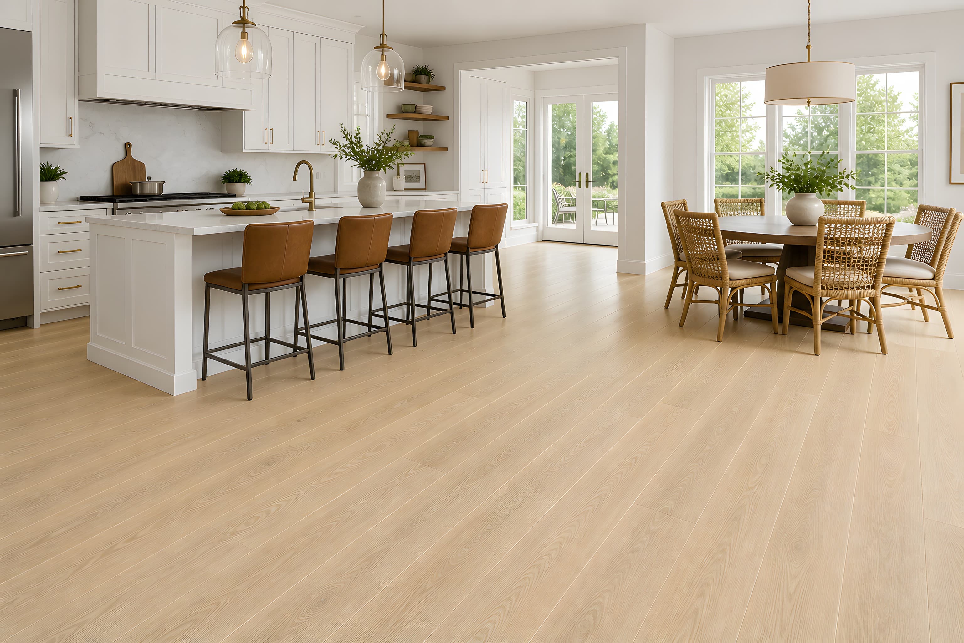 A white shaker island and a round dining table in a bright, open-plan layout.