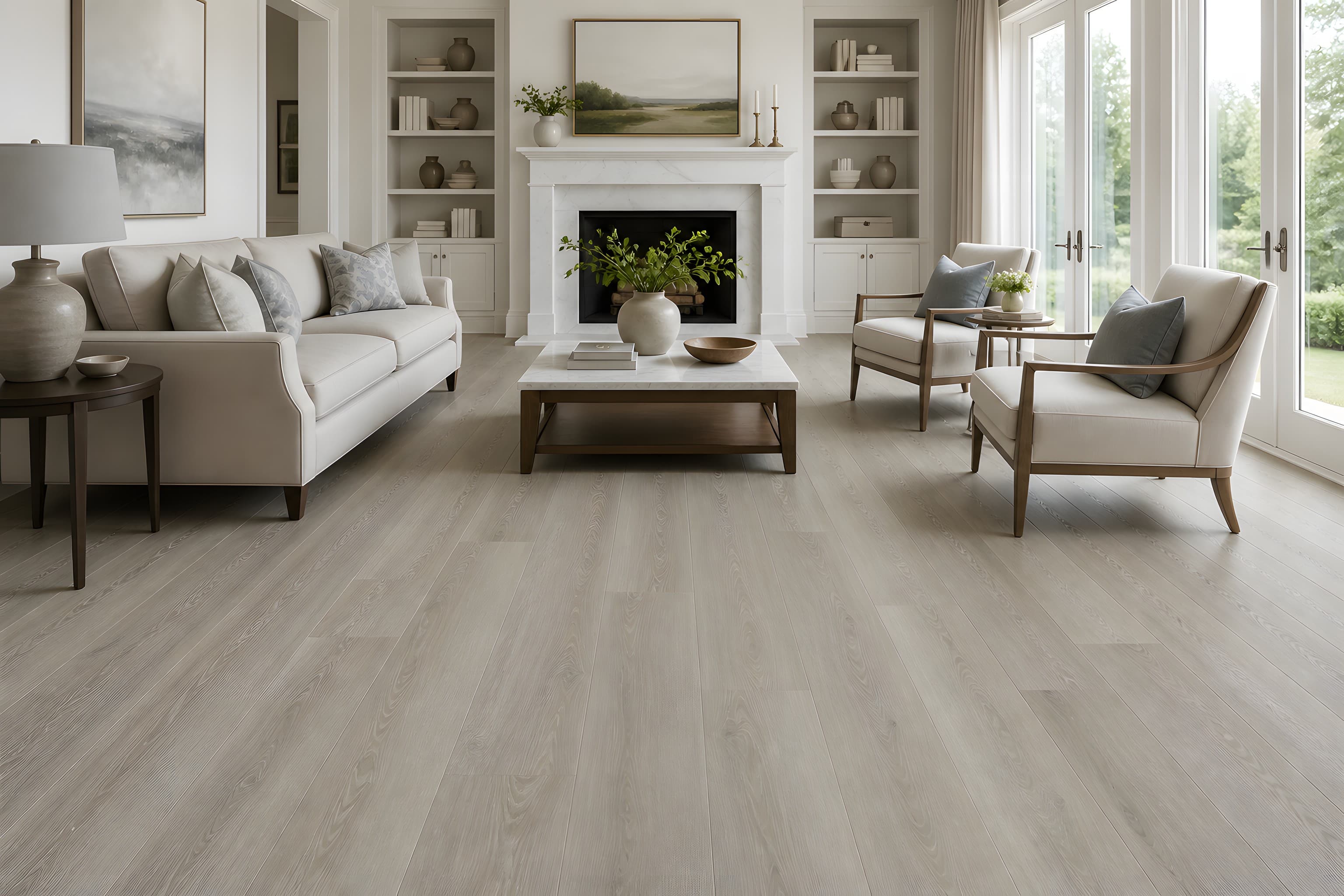 A neutral sofa and armchairs around a marble fireplace flanked by built-in shelves.
