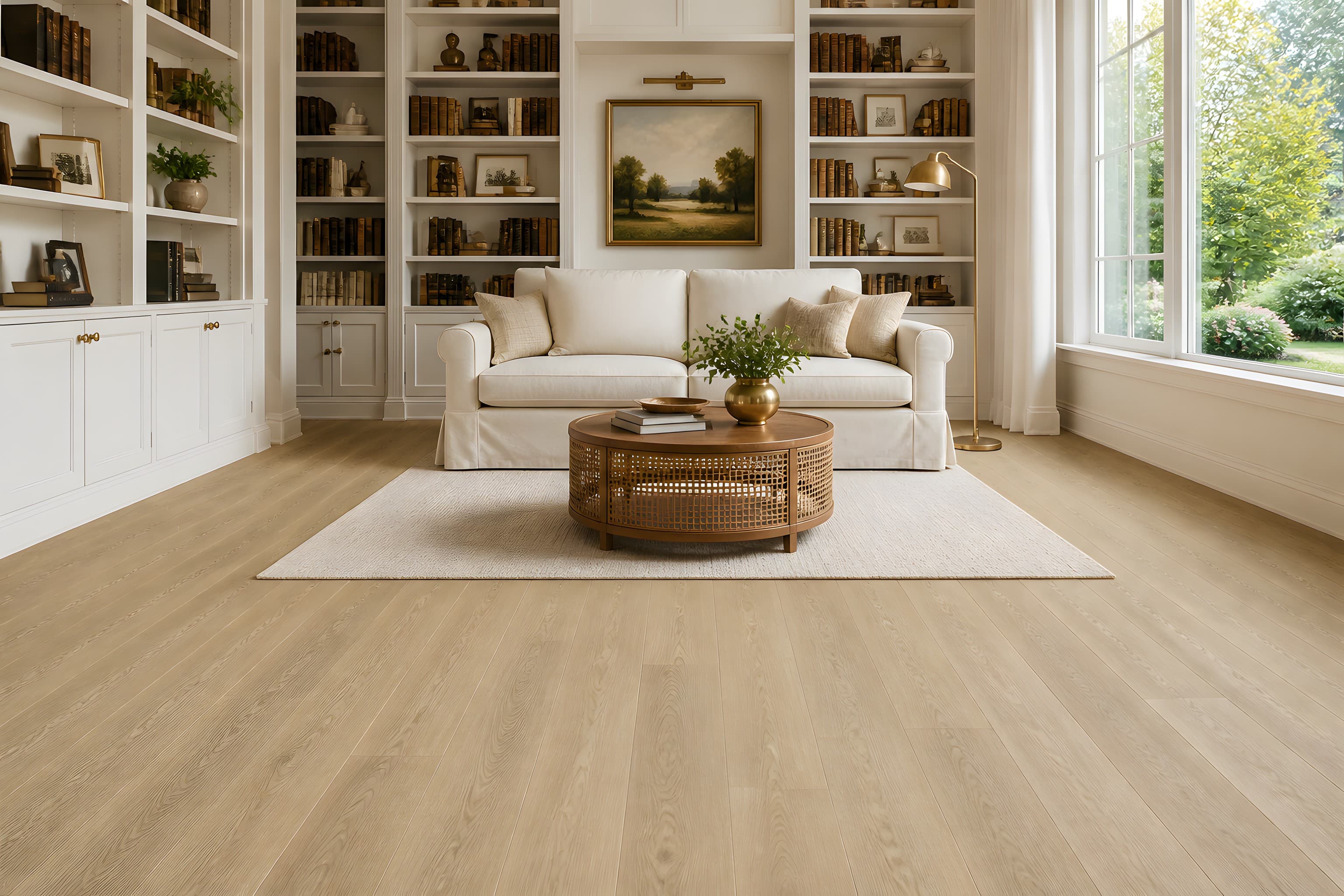 A cream sofa framed by floor-to-ceiling white bookshelves over warm light oak.