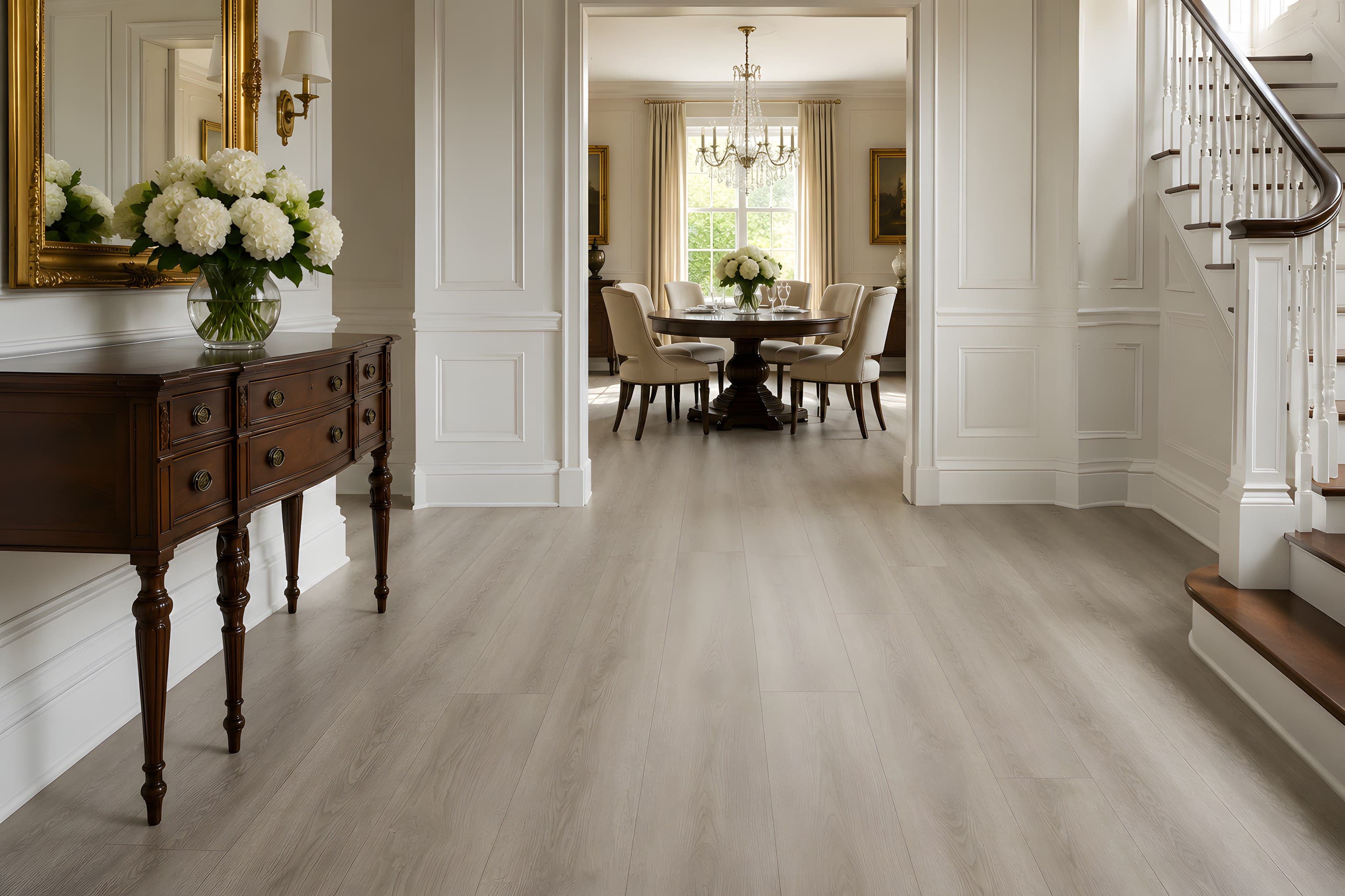 Soft grey oak through a paneled entry to a formal dining room.