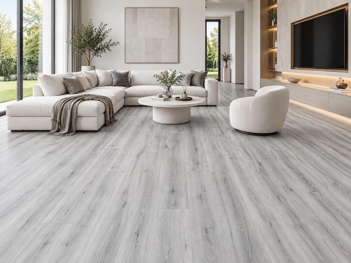 A white sectional and a bouclé chair under a large canvas, walnut shelving glowing beside cool rustic gray planks.